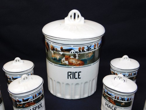 7 Pc Set Vintage Art Deco Farm Scene Czechoslovakia Spice Set Rice Canister - Picture 4 of 18