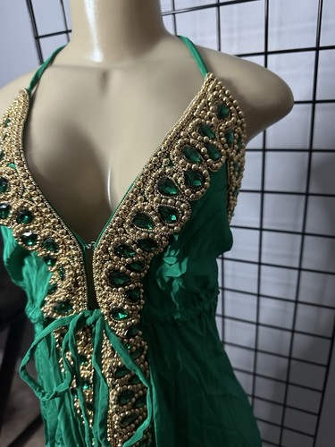 Woman’s Gown Sleeveless Maxi Dress Emerald Green Size Small Xs Studded RARE - Picture 4 of 15