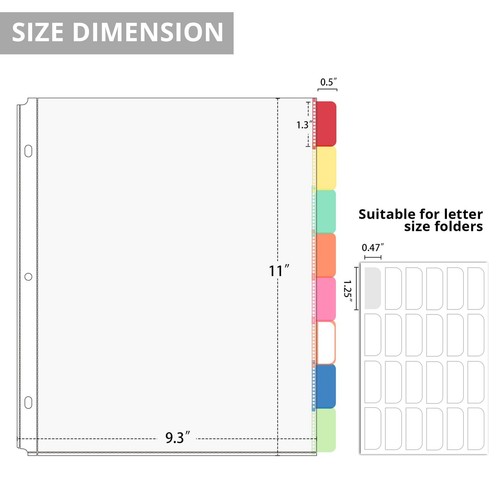 Divisores de carpeta con pestañas, protectores de hoja transparentes de 8 pestañas para carpeta de 3 anillos, blanco... - Imagen 2 de 8
