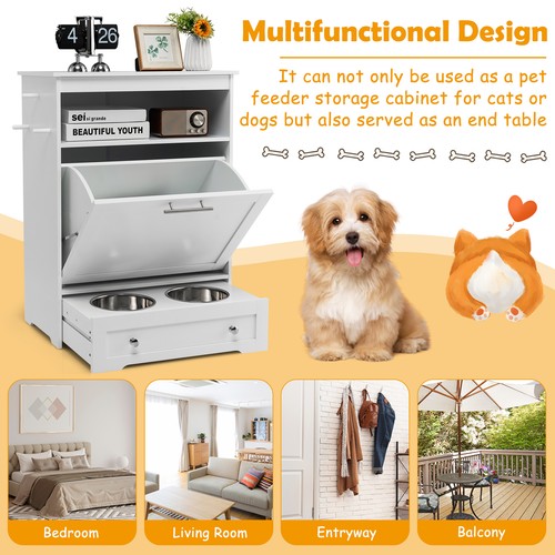 Pet Feeding Station Furniture w/ Double Pull Out Dog Bowl Food Cabinet White - Picture 7 of 10