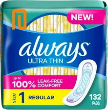 Always Ultra Thin Pads without Wings, Size 1, Regular, 132 Regular (Size 1)