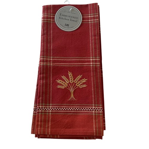 DII Burnt Orange Plaid Embroidered Wheat Kitchen Towels Set of 2 Cotton 18x28 - Picture 2 of 5