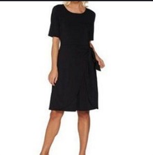 NWt H by Halston Jet Set Jersey Dress Faux Sarong Black Petite LG #73788