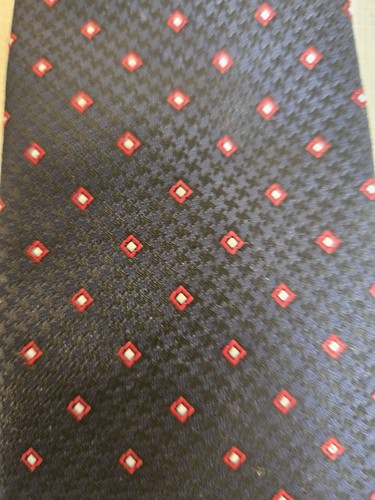 Corbata lavable vintage BHS azul marino con patrón de puntos de diamante rojo y blanco - Imagen 5 de 6