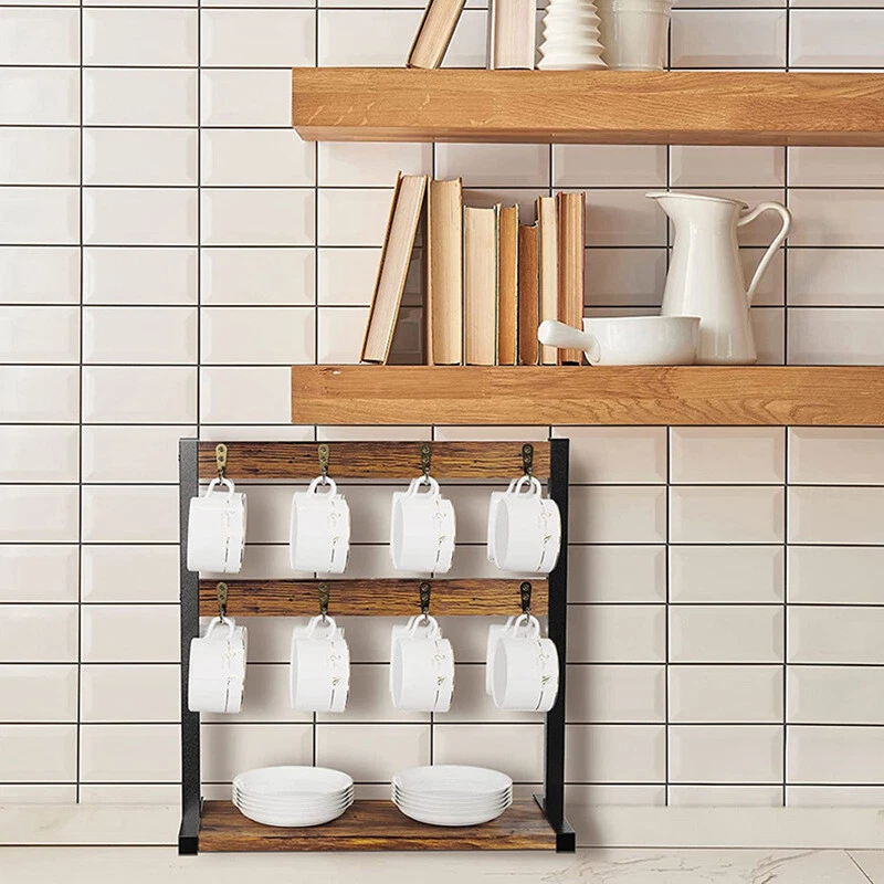 Vintage Wood Coffee Mug Holder Stand 2 Tier Countertop Mug Tree Holder Rack Base - Image 2 of 4