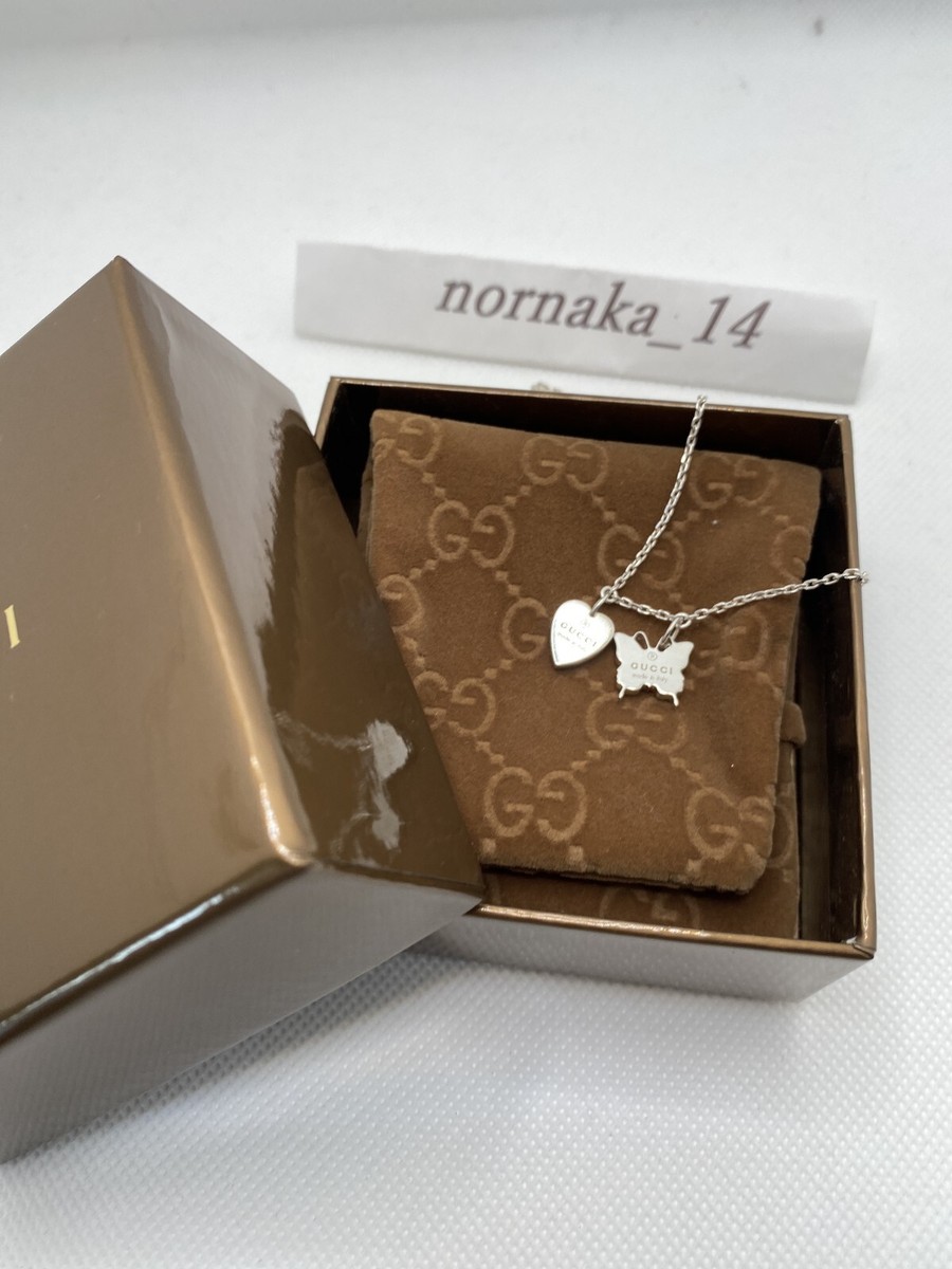 Near MINT GUCCI Sterling Silver Heart Butterfly Pendant Necklace w