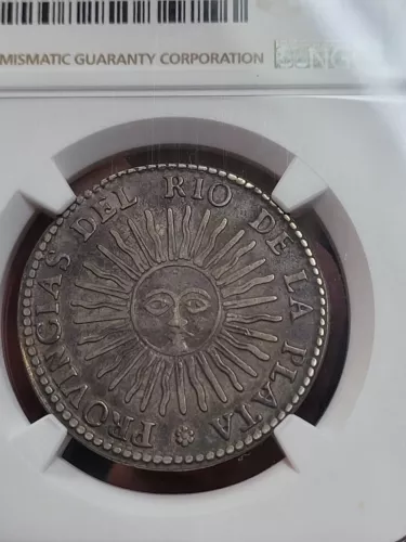 ARGENTINA ~ 1828 RA P  SILVER 4 SOLES , RARE GRADE, VF35 COIN ALIGNMENT NGC 008