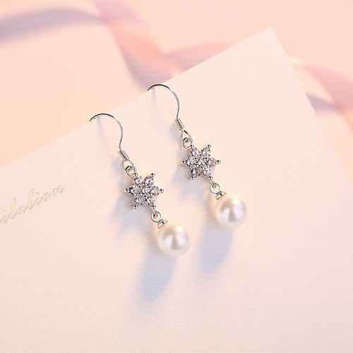Women 925 Silver Crystal Earrings Elegant Tassel Pearls Bling Stars Stud 1278 - Picture 3 of 5