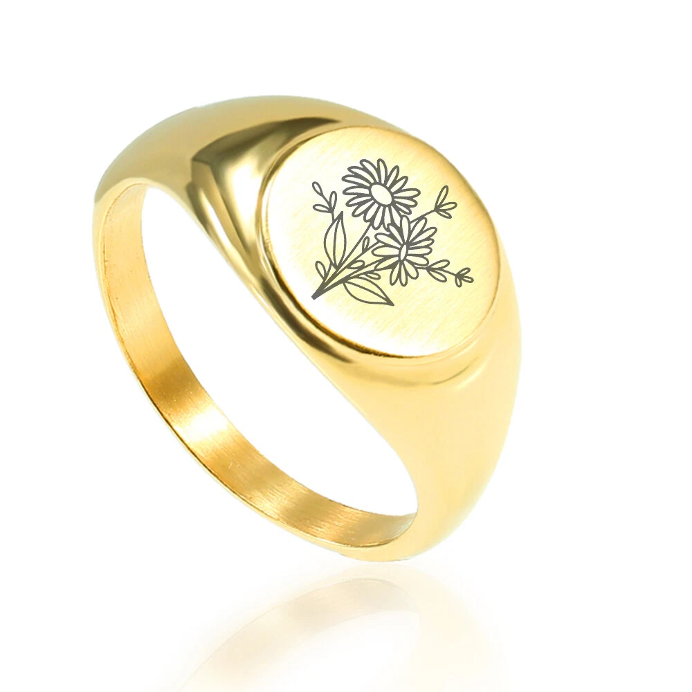 Oval Top Women Wedding Signet Ring Personalized Engraved Flower