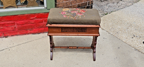 Antique Victorian Eastlake piano bench w/ floral needle point hidden compartment - Picture 1 of 9
