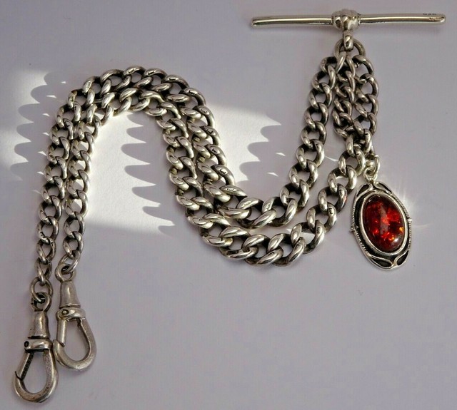 53.1g Antique Solid Silver Double Albert Pocket Watch Chain + 9ct Gold