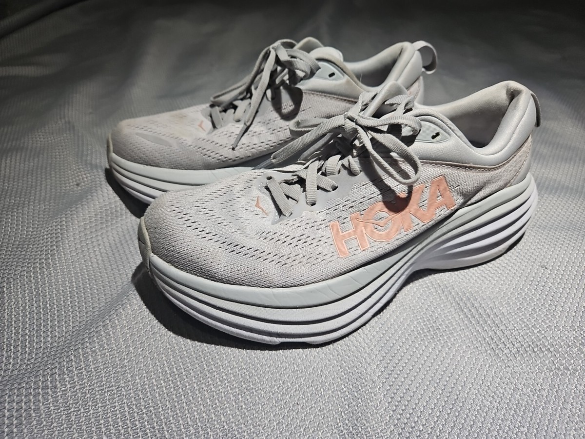 Hoka One One Bondi 8 Shoes Womens 7 B Gray Pink Shoes