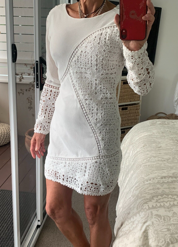 MIA cream ivory CROCHET lace Long Slv Mini Dress 12 Keyhole back lined - Picture 20 of 21