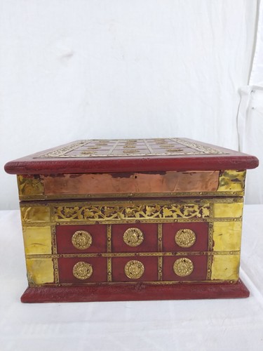 Holz Dose Holzdose Messing Kupfer Beschlag massiv 30,5 cm Indien Holz Dekoration - Afbeelding 4 van 8