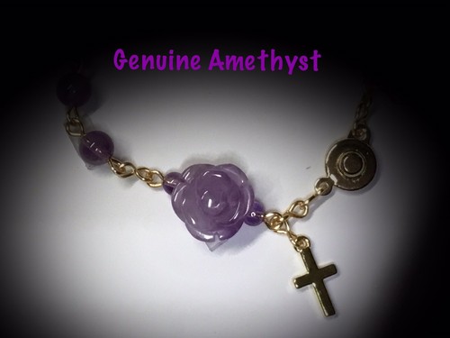 Handcrafted Rosary Bracelet Made W Genuine Lavender Amethyst KC Gold February - Picture 5 of 6