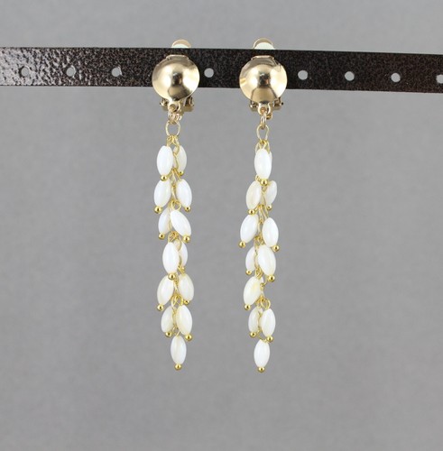 Gold White faux pearl beaded Clip On chandelier earrings clips 3 1/8" long - Picture 4 of 9