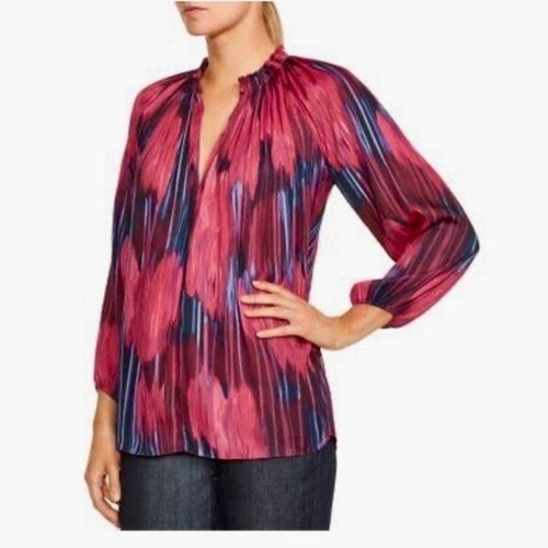 Blusa HALSTON Heritage Cuello Alto Plisado Estampado Gasa L Fucsia Tulipán $275 Nueva con Etiquetas - Imagen 3 de 11