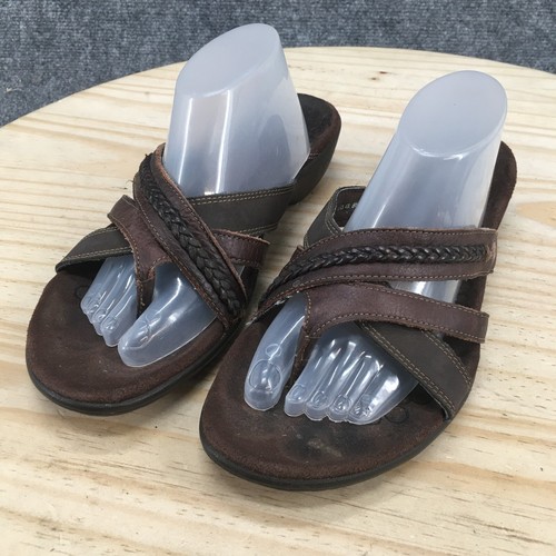 Hush Puppies Sandals Womens 8.5 M Casual Slip On Thong Brown Leather Low Wedge - Picture 3 of 16