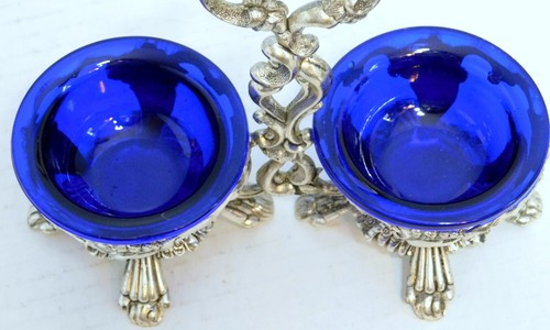 Lovely Silver Plate Cobalt Blue Glass Double Condiment Salt Server - Picture 5 of 7