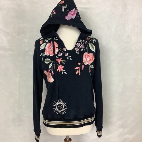 Johnny Was Vienna Black Pink Floral Embroidered Pullover Sweatshirt Hoodie XXS