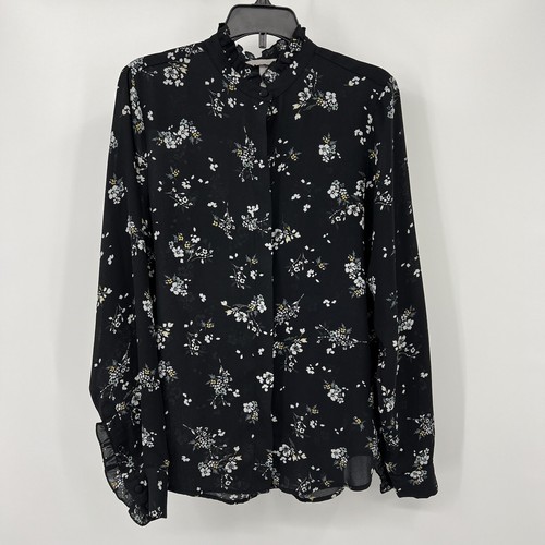 H&M Blouse Black Floral Long Sleeve Womens Ruffled Crew Button Down Shirt Size 0 - Picture 14 of 14