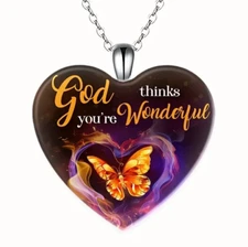 Butterfly Print Love Heart Crystal Pendant Necklace Women's Jewelry Accessories