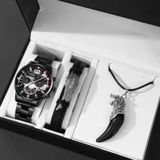 Ensemble 3 pcs Montre luxe Homme Militaire Métal élégante noir + bracelet et col