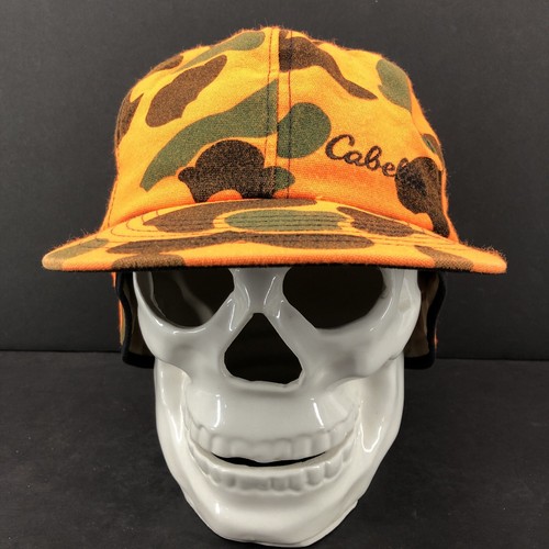 Vtg Cabelas Orange Camo Hunting Ear Flap Mens Hat Insulated Winter Baseball Cap - Picture 2 of 10