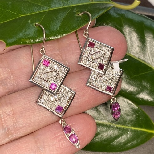 Art Deco Ruby Diamond Platinum 14K White Gold Dangle Earrings Geometric Pierced - Picture 20 of 24
