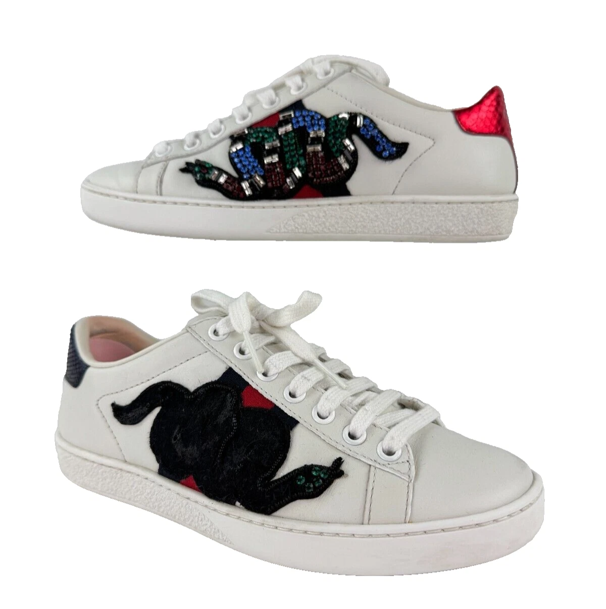 Chaussures baskets femme Gucci Auth 4 US 34 EU Ace cuir blanc brodé serpent