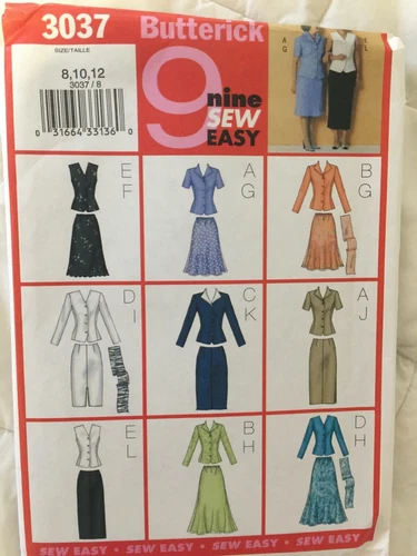 Butterick Pattern 3037 Sew Easy 9 Outfits Top + Skirt sizes 8 - 12 NEW and UNCUT