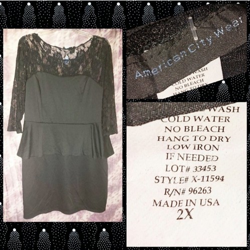 Damen/Jrs Plus American City Wear schwarz Illusion Strick Bodycon Schößchen Kleid 2X Neu mit Etikett