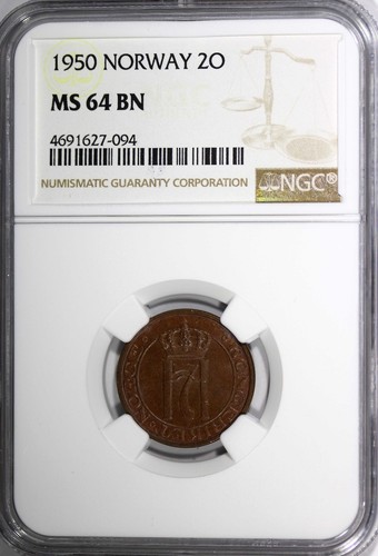 Norway Haakon VII Bronze 1950 2 Ore NGC MS64 BN TOP GRADED BY NGC KM# 371 (094) - Picture 2 of 4