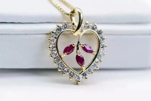 14k Yellow Gold Plated 3Ct Pear Lab Created Ruby Diamond Heart Pendant Necklace - Picture 1 of 4