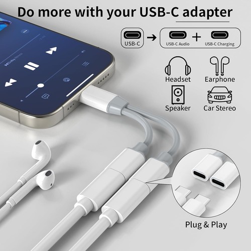 USB-C Splitter Dual USB C Headphone & Charger 2-in-1 type C Audio Adapter( white - Picture 2 of 5