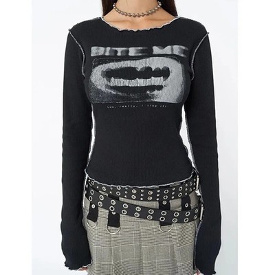Vintgae Punk Skull Aesthetic Goth Vampire Bite Me Longsleeve
