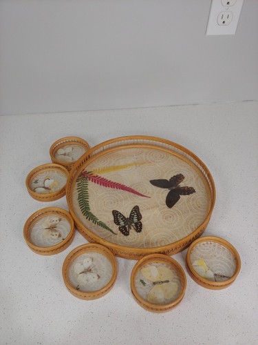 Bohemia Vintage Ratán Prensado Mariposa Bandeja Y Juego de 6 Pcs Posavasos Años 70 Boho - Imagen 2 de 16