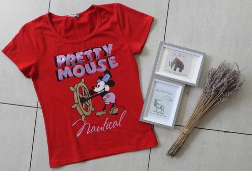 Ambitionfly Damen T-Shirt S / M 36 38 Stretch Mickey Mouse Elastisch Figurbetont