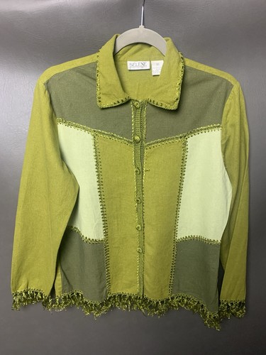 VTG 90s 2 PC Linen Blend Green Jacket & Skirt Fringe Hippie Western, Women's M - Picture 6 of 16