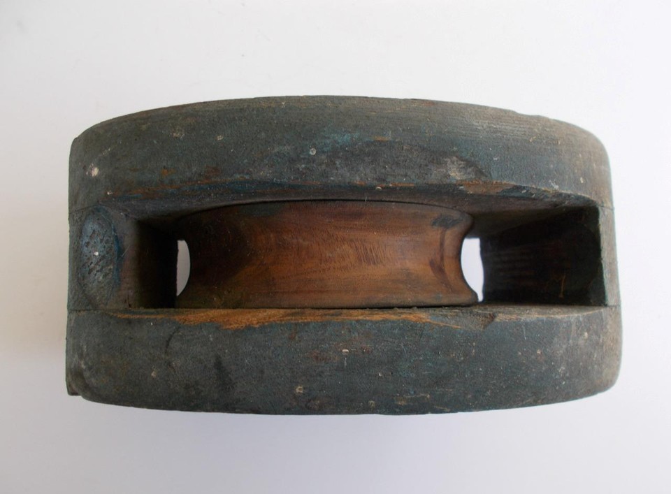 Antique Single Rope Block Pulley Painted Blue Lignum Vitae Sheave 7"Lx5