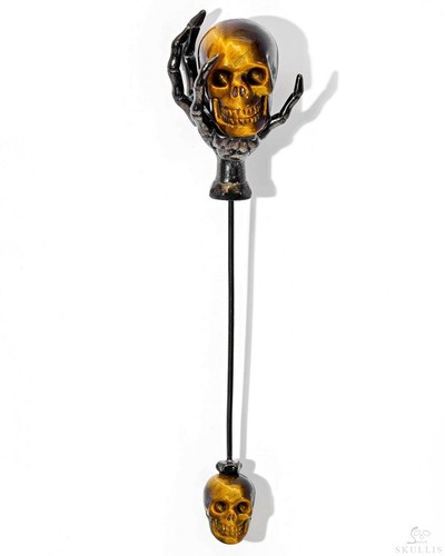 Gold Tiger's Eye Hand Carved Crystal Skull Brooch, 18K Gold-Plated 925 Silver - Picture 2 of 4