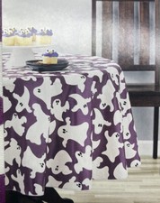 Halloween Ghosts Vinyl Tablecloth 70 in. round Purple White Glow in the Dark NEW