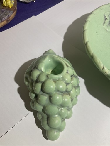 Red Wing Pottery Grape Cluster Candle Holders With Bowl 1930's, Aqua Granma Core - Picture 4 of 14