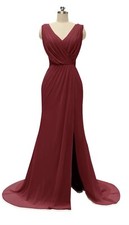 V-Neck Chiffon Long Bridesmaid Dress With Slit - Burgundy - Size 6