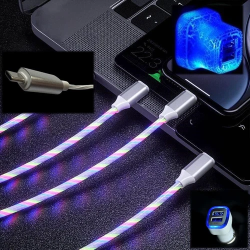 LED Light Up 3 in 1 Multi Charging Charger Cable Cord For IPhone Android Type C - Picture 10 of 19
