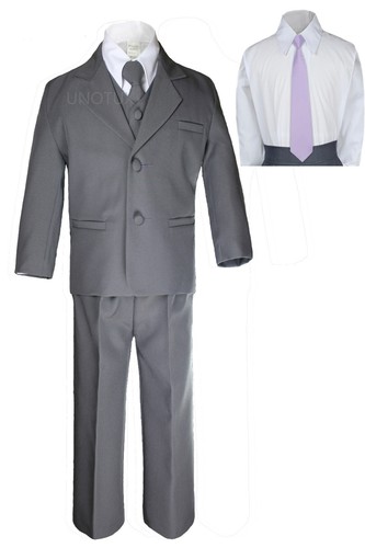 6pc Boys Kid Teen Formal Wedding Tuxedo Dark Gray Suit + a Color Necktie 5-20 - Picture 15 of 27
