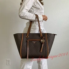 NWT Michael Kors Carine Medium Logo Tote Brown Acorn Signature Shoulder Bag