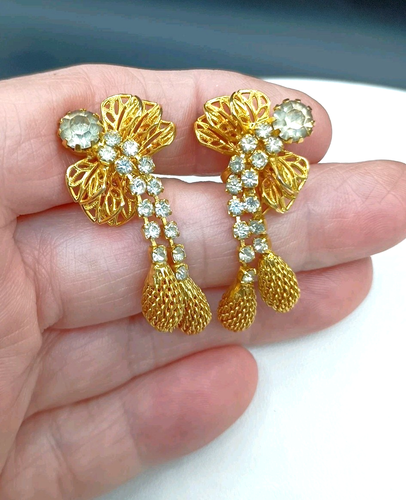 Vintage Libelle Ohrringe Clip Hänger Tropfen verziert Käfer Strass goldfarben 1,5" - Bild 2 von 9