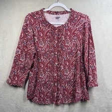 Lands' End Red Paisley 3/4 Sleeve Blouse Size M Button Front Soft Knit Modal