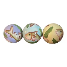 Set Of 3 Decorative Ceramic Orb Balls With Fish & Pond Scene